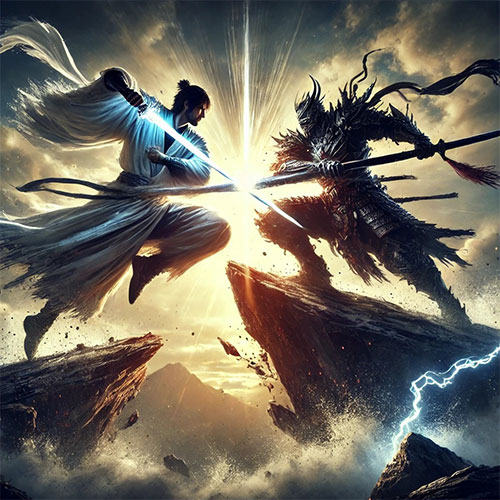 Hai kiếm giả đối đầu trên một đỉnh núi cao, kiếm khí tỏa ra bốn phía, mặt đất nứt vỡ vì áp lực kiếm ý.