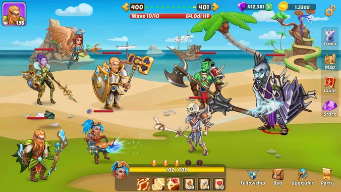 Game Idle RPG nơi người chơi kiểm soát các nhân vật chiến đấu và thu thập tài nguyên.